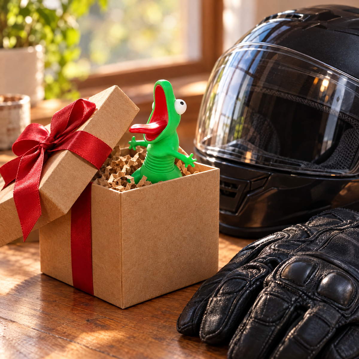 Lizard buddy in a gift box next to a motorcycle helmet and gloves