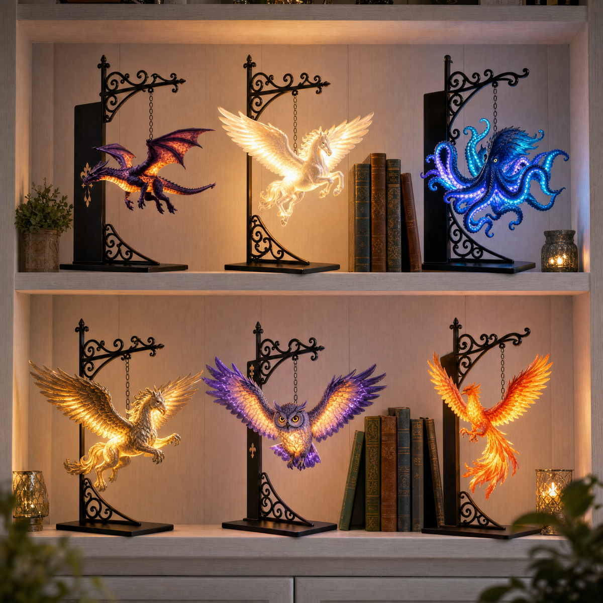 All six Mythic Lanterns glowing on a bookshelf