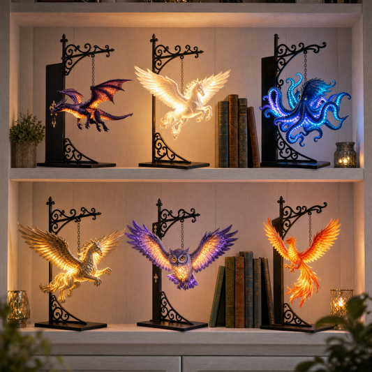 All six Mythic Lanterns glowing on a bookshelf