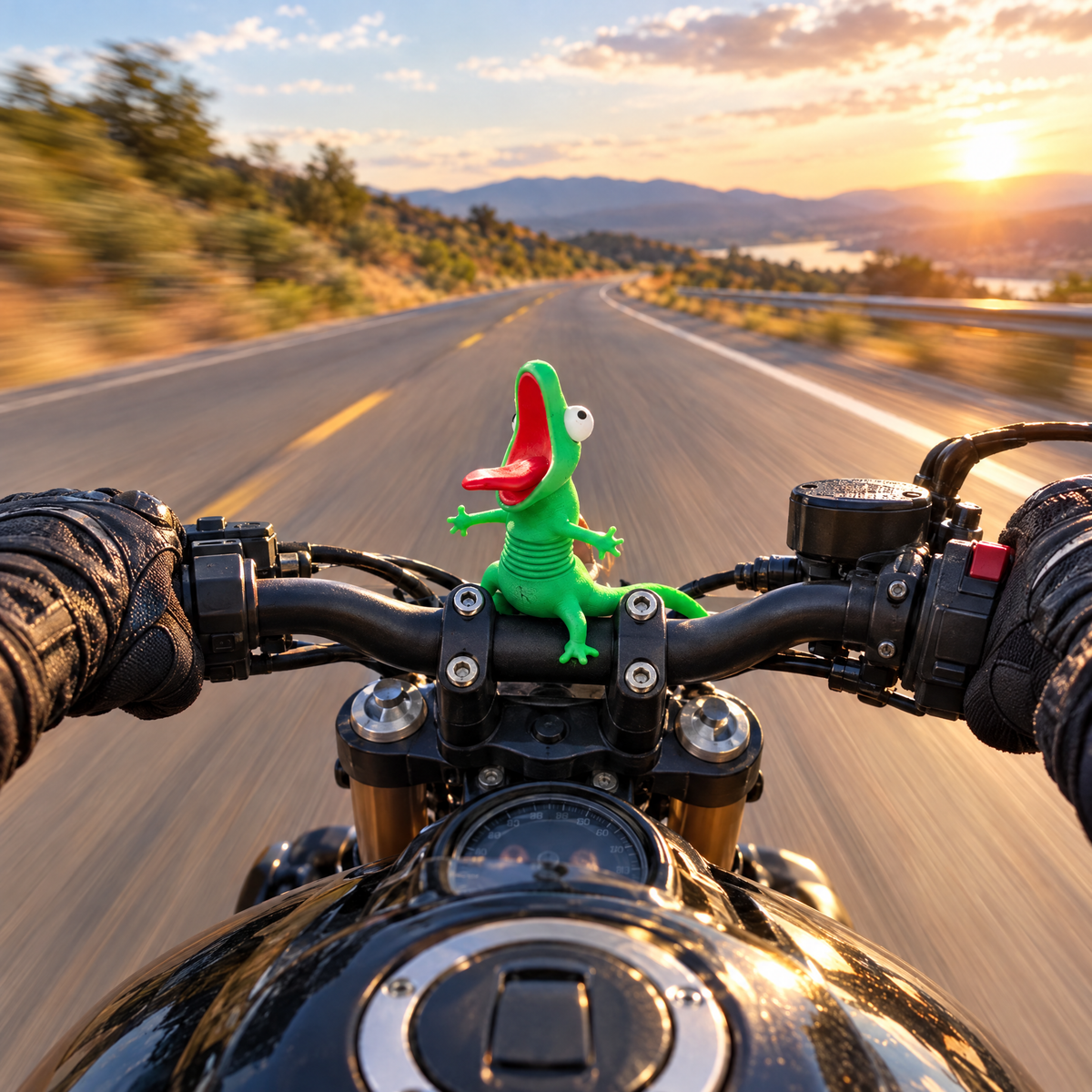Rider view of the lizard buddy on motorcycle handlebars on an open road