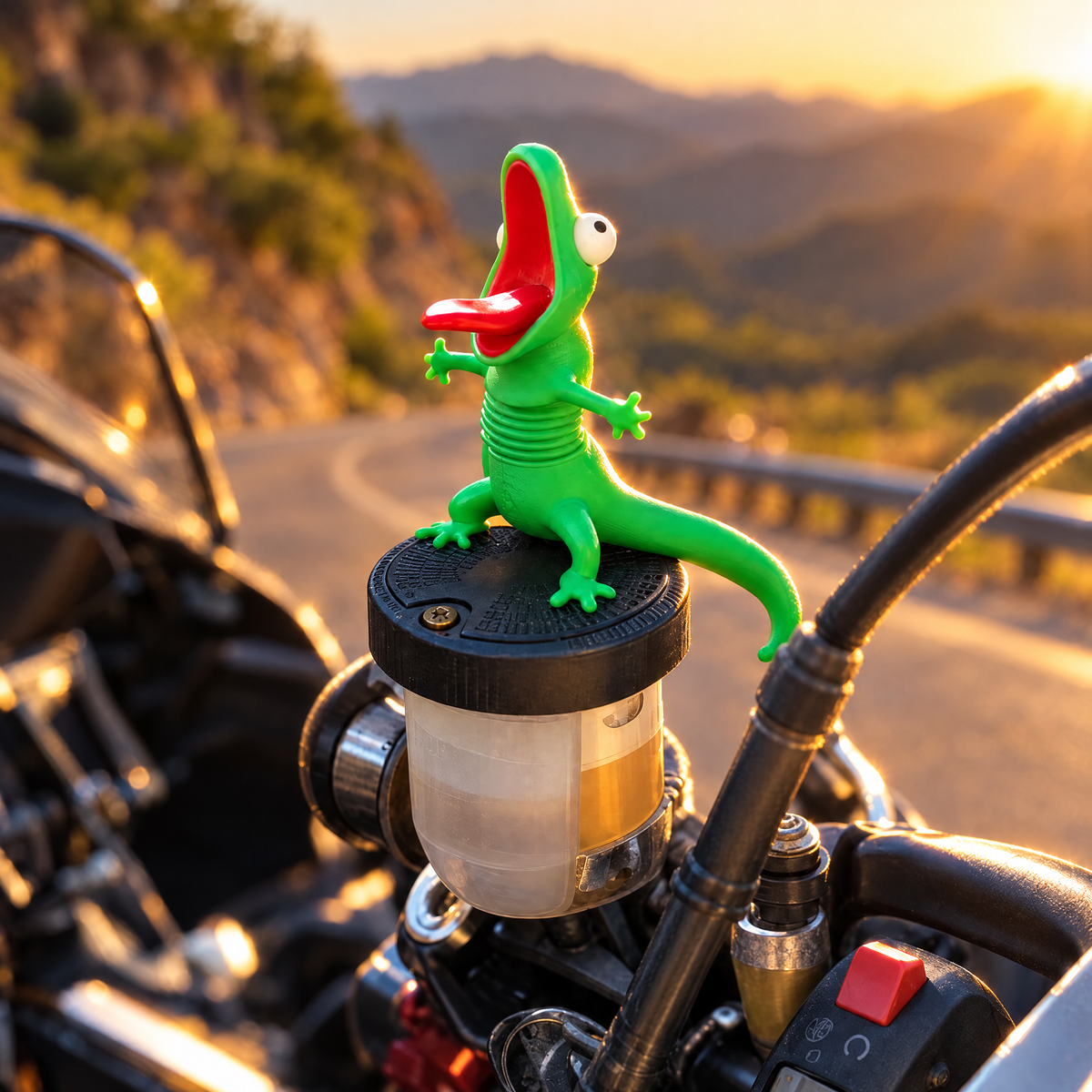 Green lizard buddy mounted on a motorcycle brake reservoir at golden hour