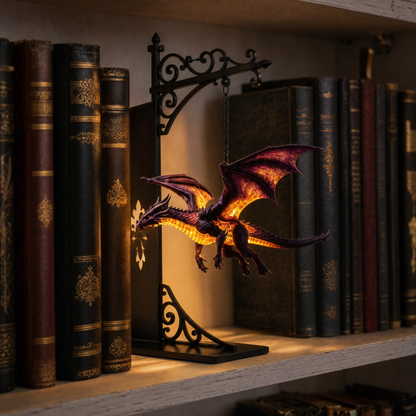 Shadowflame Dragon lantern glowing between fantasy books