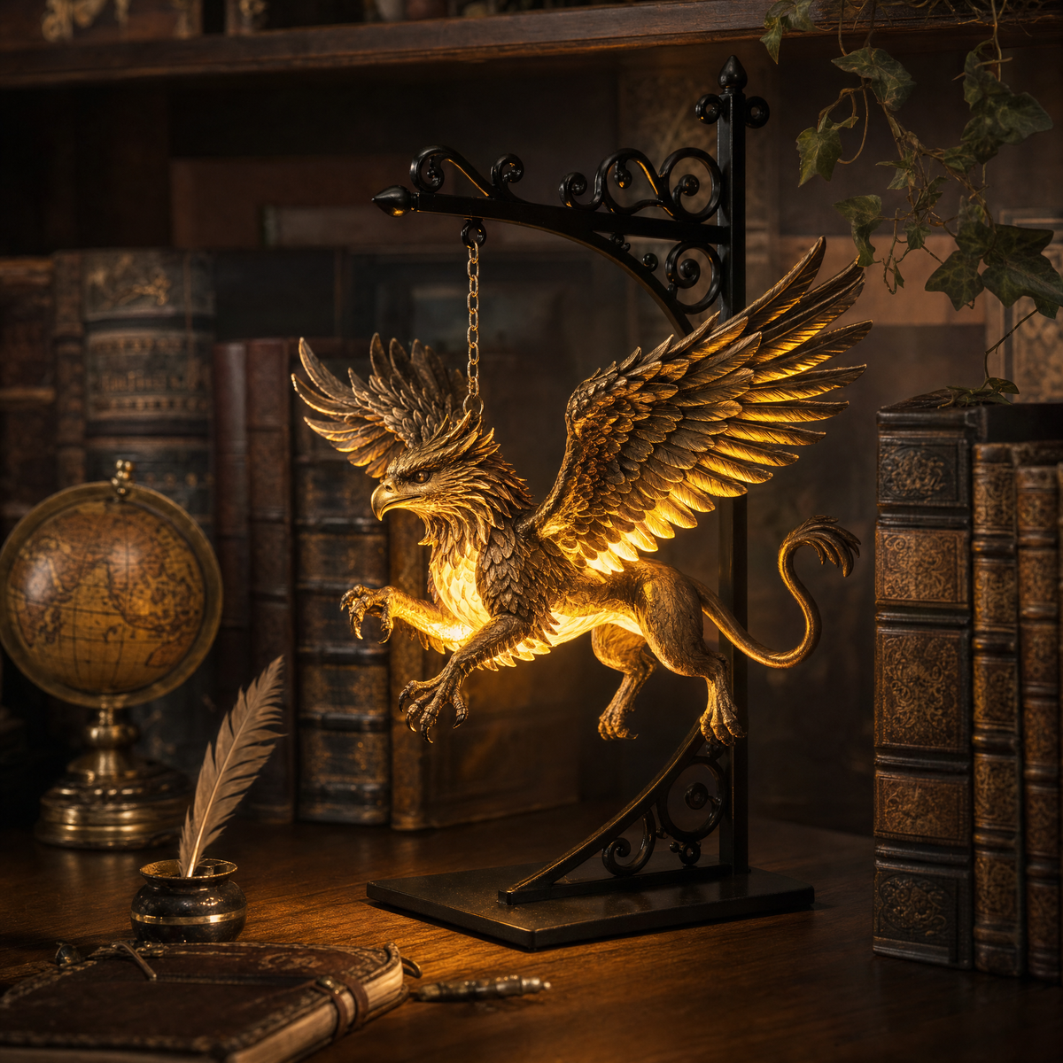 Golden Griffin lantern in a dark academia study