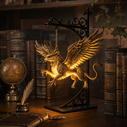 Golden Griffin lantern in a dark academia study