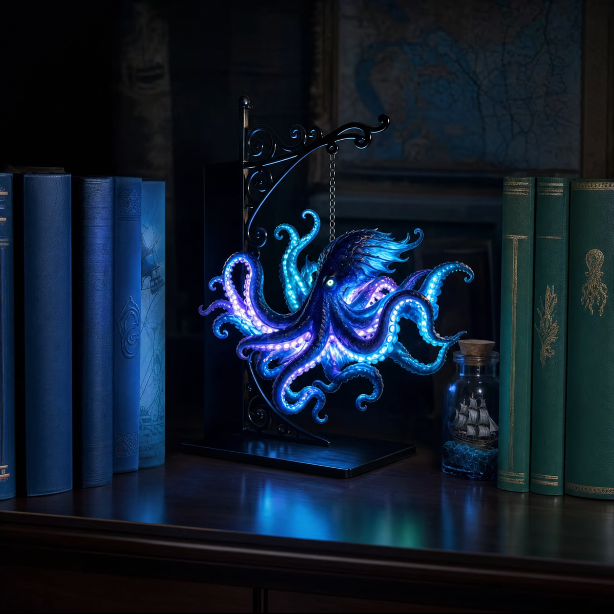Abyssal Kraken lantern glowing blue on a bookshelf
