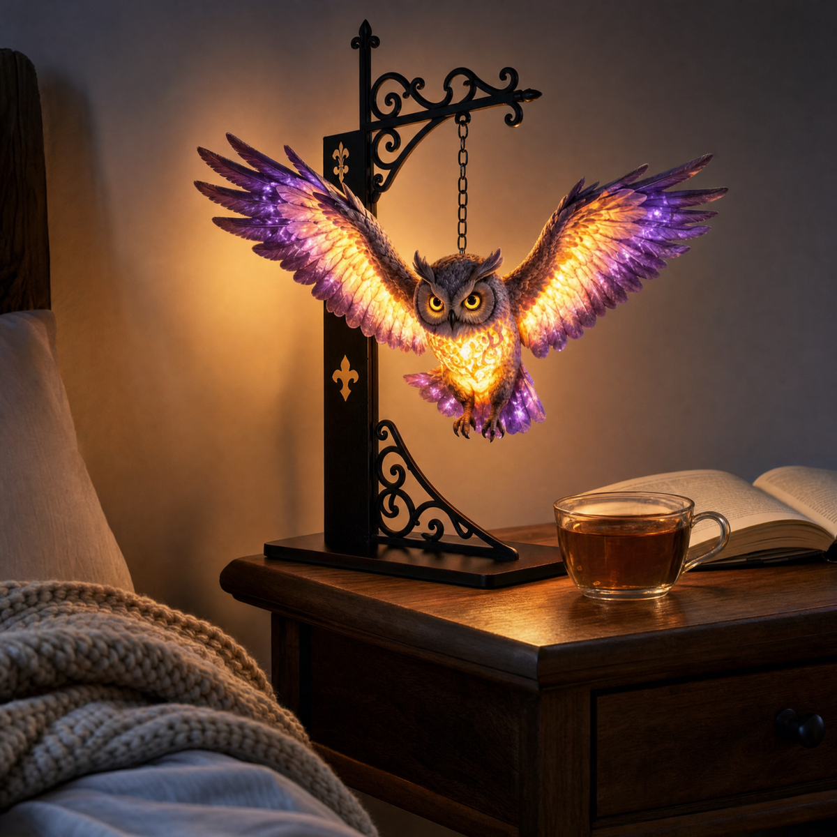 Twilight Owl lantern glowing on a bedside nightstand