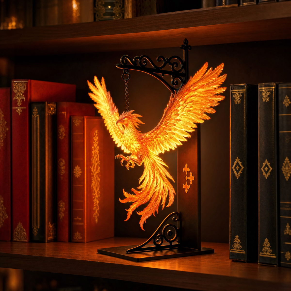Rising Phoenix lantern glowing between books