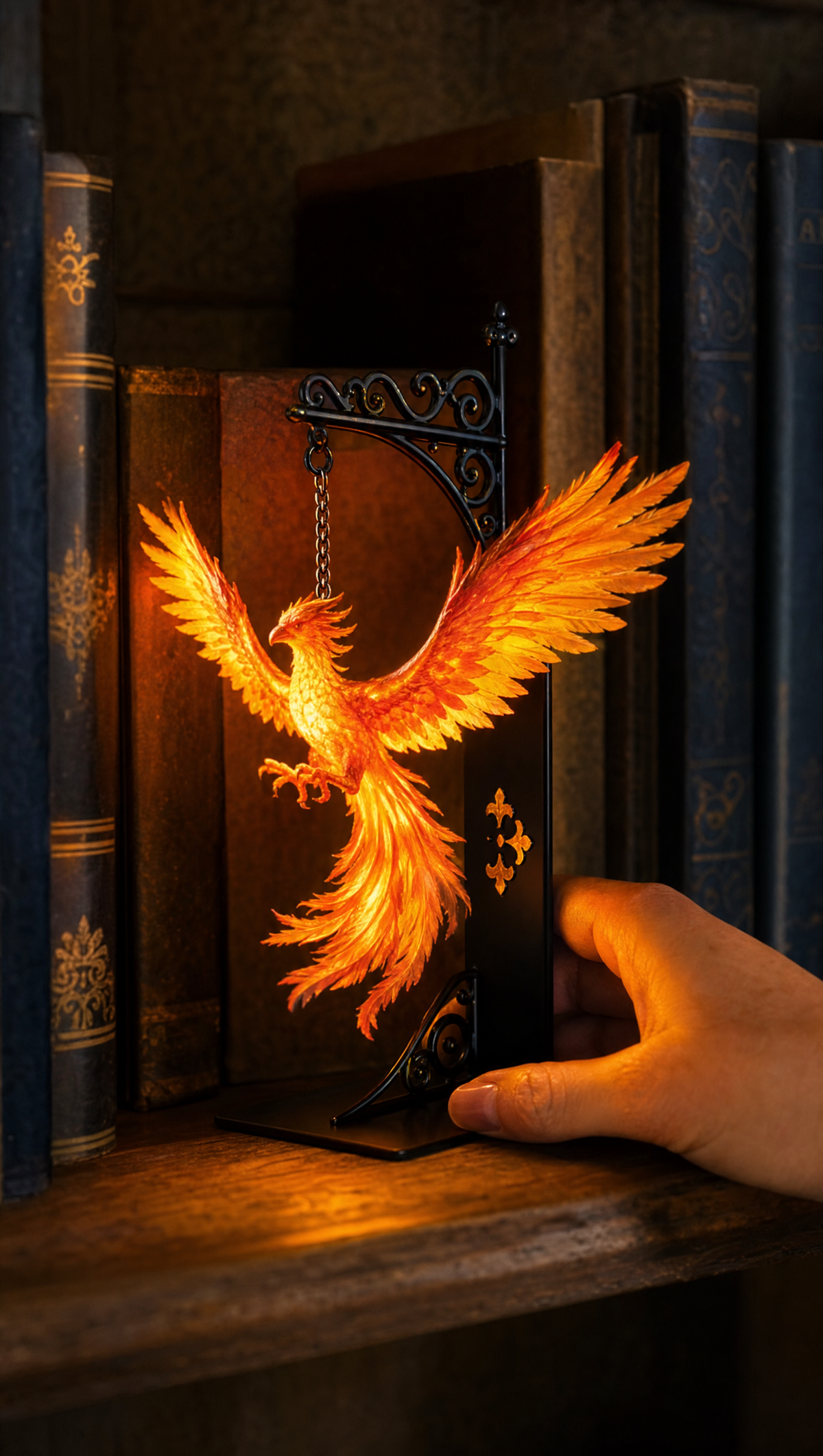 Rising Phoenix lantern placed between books